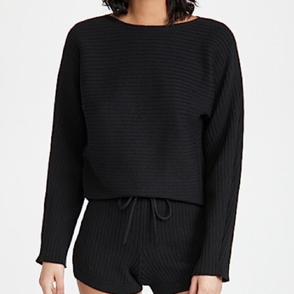 Reformation Cort Short Black Ribbed Knit Boat Neck Pullover Sweater $198